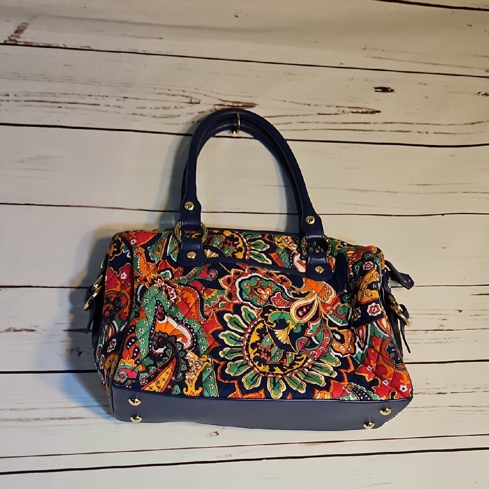 Vera Bradley Boho Paisley‎ Satchel Handbag Leather Trim Gold Accents Top Handle